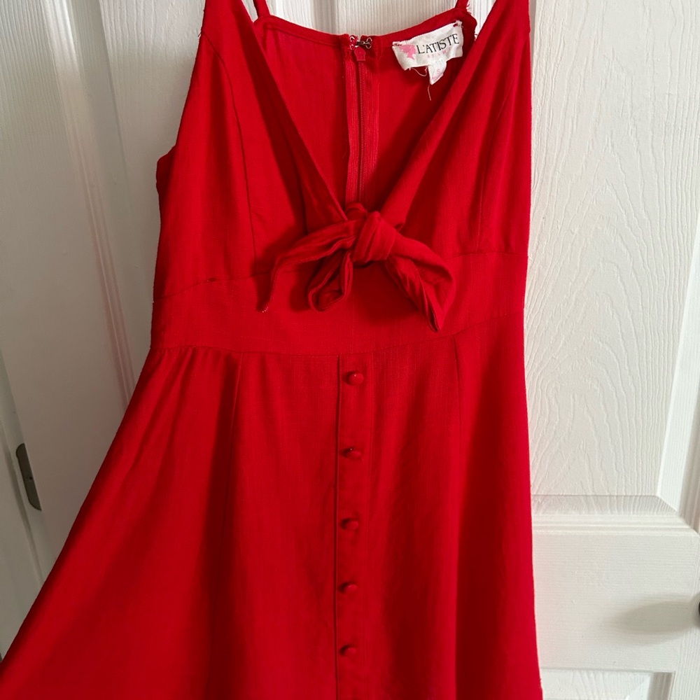 L'ATISTE Vibrant Red Dress with Bow Accent